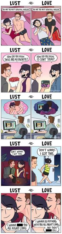 A comic comparing various examples of Lust vs. Love. Posted to CollegeHumor in 2016.