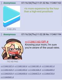 Anonymous 07/16/26(Thu)11:01:32 No.113461163 >Is more expensive by the hour than a high-end prostitute 8 KB JPG : Anonymous 07/16/26(Thu)11:02:38 No.113461194 >>113461163 (OP) # Knowing your mom, I'm sure you're aware of the usual rates. 792 KB PNG >>113461207 # >>113461343 # >>113461381 # >>113461401 # >>113461429 # >>113461495 # >>113461608 # >>113462489 # >>113462929 # >>113463458 # >>113464673 # >>113464795 # >>113465681 #
