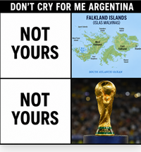 DON'T CRY FOR ME ARGENTINA NOT YOURS NOT YOURS Jason Islands West Point Island Wing George VI Bay FALKLAND ISLANDS (ISLAS MALVINAS) Saunders Island Pebble Island West Falkland East Falkland ☆ Stanle Port Stephens SOUTH ATLANTIC OCEAN Beaver Island FIFA WORLD CUP