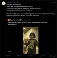 @veculium - 4h >amazon basics socks >basic wig, probably also amazon basics >no context behind what happened before this video >every blue check on earth in the quotes Q The CIA used to make poisoned diving suits to assassinate people now they just make fake videos like this to defame minorities New York Post @nypost - 8h Trans Florida Student Arrested After Explosive Meltdown Over 'Misgendering' 1:27 She! 134 tz 2.5K 27K ill 354K I