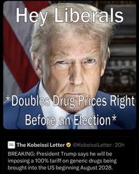Hey Liberals T *Doubles Drug Prices Right Before an Election* TKL The Kobeissi Letter ⭑@Kobeissi Letter - 20h BREAKING: President Trump says he will be imposing a 100% tariff on generic drugs being brought into the US beginning August 2028.