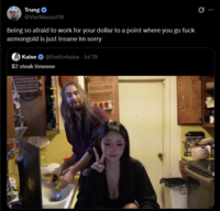 Trung @VietMarxist18 Being so afraid to work for your dollar to a point where you go f--- asmongold is just insane Im sorry @liveforkaise. Jul 19 Kaise $2 steak timeeee