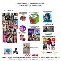 popular folk BICERID late 10s-early 20s middle schooler starter pack (or tweens 10-12) killed some of your elementary+middle school my story animated pop off when everybody peak poggers was into her popular movies and shows DESCENDANTS vscogirlism somebody rlly took the whole toilet SONIC DESCENDANT مل TaTok fad words Simp Published 2020 BUSSIN popular games HELLONEIGHBOR SQUID TUKINITE -devious licks.. YANDERE Goch Life LOOK HERE. (age 9 if you go by that too but I don't)/ mostly 2018-early 2022 stuff. early 20s range is Jan 1 2020-May 2 2023. some of this may apply to 13-14 year olds of that time.