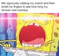 Me vigorously rubbing my crotch and then smell my fingers to see how long my shower was overdue וו 9