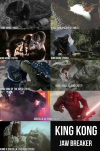 KING KONG (1933) KING KONG ESCAPES (1967) KING KONG (1976) KING KONG (2005) KONG SKULL ISLAND (2017) KONG KING OF THE APES (2016) KONG X GODZILLA: THE RIDE (2026) GODZILLA VS KONG (2021) KING KONG JAW BREAKER
