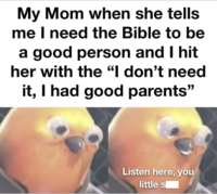 My Mom when she tells me I need the Bible to be a good person and I hit her with the "I don't need it, I had good parents" Listen here, you little s