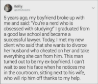 5 years ago, my boyfriend broke up with me and said: "You're a nerd who is obsessed with studying!" I graduated from a good law school and became a successful lawyer. Today, I met my new client who said that she wants to divorce her husband who cheated on her and take everything she can from him. This man turned out to be my ex-boyfriend. I can't wait to see his face when he notices me in the courtroom, sitting next to his wife, who will rip him off thanks to my help.
