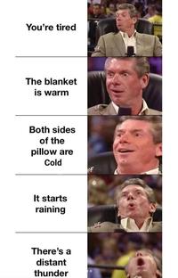 You're tired The blanket is warm Both sides of the pillow are Cold It starts raining There's a distant thunder