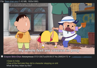 File: Saar-chan.png (1.43 MB, 1920x1080) INDIAN ARTIQUE STORE CH My whole feet are covered in poop Crayon Shin-Chan Anonymous 07/21/26(Tue)09:09:37 No.289524172 >Goes to India >One of the first joke they did is character stepping on s--- What did they mean by this? >>289524203 >>289524341