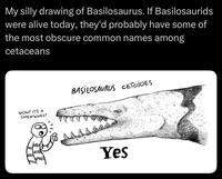 My silly drawing of Basilosaurus. If Basilosaurids were alive today, they'd probably have some of the most obscure common names among cetaceans WOW! IT'S A SHREW-WHALE! BASILOSAURUS CETOÏDES Yes