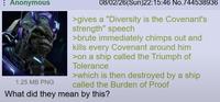 Anonymous 1.25 MB PNG 08/02/26(Sun)22:15:46 No.744538936 >gives a "Diversity is the Covenant's strength" speech >brute immediately chimps out and kills every Covenant around him >on a ship called the Triumph of Tolerance >which is then destroyed by a ship called the Burden of Proof What did they mean by this?