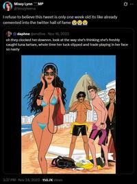 Missy Lynn MP @Vessyteena I refuse to believe this tweet is only one week old its like already cemented into the twitter hall of fame daphne @endiive - Nov 16, 2023 0 oh they clocked her downnn. look at the way she's thinking she's freshly caught tuna tartare, whole time her tuck slipped and trade playing in her face so nasty 3:37 PM - Nov 24, 2023 -150.7K Views