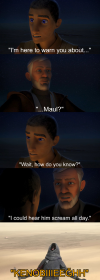 "I'm here to warn you about..." "...Maul?" "Wait, how do you know?" "I could hear him scream all day." "KENOBIIIEECHH