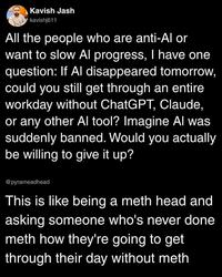 Kavish Jash kavishj611 All the people who are anti-Al or want to slow Al progress, I have one question: If Al disappeared tomorrow, could you still get through an entire workday without ChatGPT, Claude, or any other Al tool? Imagine Al was suddenly banned. Would you actually be willing to give it up? @pyrameadhead This is like being a meth head and asking someone who's never done meth how they're going to get through their day without meth