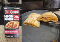Nestle 1XL SANDWICH HOTPOCKETS HIGH 20% PROTEIN PROTEIN ENLARGED TO SHOW DETAIL SERVING SUGGESTION BACON CHEESEBURGER SMOKED BACON, REDUCED FAT CHEDDAR CHEESE, CREAMY KETCHUP SAUCE IN A SOFT CRUST PERISANDWICH COOK THOROUGHLY 490 11900 KEEP FROZEN 270 3.4 SEE NUTRITION INFORMATION FOR TOTAL FAT SAT FAT AND SODIUM CONTENT NET WT 6% 0Z (191g)
