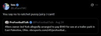 him @LaflareTMC You say no to ratchet p---- juicy J cant! ProFootballTalk @ProFootballTalk - Aug 24 0 49ers owner Jed York allegedly arranged to pay $140 for sex at a trailer park in East Palestine, Ohio. nbcsports.com/nfl/profootbal...