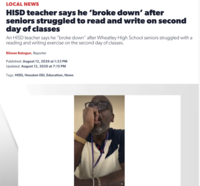 LOCAL NEWS HISD teacher says he 'broke down' after seniors struggled to read and write on second day of classes An HISD teacher says he "broke down" after Wheatley High School seniors struggled with a reading and writing exercise on the second day of classes. Rilwan Balogun, Reporter Published: August 12, 2026 at 1:23 PM Updated: August 12, 2026 at 7:15 PM Tags: HISD, Houston ISD, Education, News