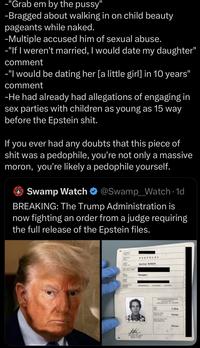 -"Grab em by the p----" -Bragged about walking in on child beauty pageants while naked. -Multiple accused him of sexual abuse. -"If I weren't married, I would date my daughter" comment -"I would be dating her [a little girl] in 10 years" comment -He had already had allegations of engaging in sex parties with children as young as 15 way before the Epstein s---. If you ever had any doubts that this p------------ was a p--------, you're not only a massive moron, you're likely a p-------- yourself. Swamp Watch @Swamp_Watch 1d BREAKING: The Trump Administration is now fighting an order from a judge requiring the full release of the Epstein files. 3 FORTELNI Marius Robert Manager OSTERREICH AUTRICHE AUSTRIA PERSONSBESCHREIBUNG SIGNALEMENT DESCRIPTION OF BEARER braun keine