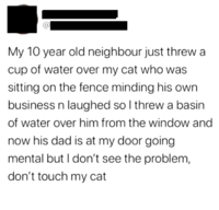 My 10 year old neighbour just threw a cup of water over my cat who was sitting on the fence minding his own business n laughed so I threw a basin of water over him from the window and now his dad is at my door going mental but I don't see the problem, don't touch my cat