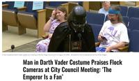 CITY STAFF RESERVED FOR CITY STAFF A man dressed as Darth Vader speaks at a meeting of the San Diego City Council on August 19, 2026. (Screenshot from a webcast by the City of San Diego) Man in Darth Vader Costume Praises Flock Cameras at City Council Meeting: 'The Emperor Is a Fan'