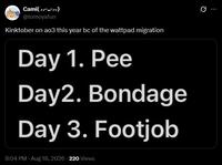 Q Cami(//**//) @tomoyafun Kinktober on ao3 this year bc of the wattpad migration Day 1. Pee Day2. Bondage Day 3. F------ 8:04 PM - Aug 18, 2026 - 220 Views