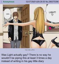 Anonymous 02/27/26(Fri)09:26:55 No.286375396 MISA 00 LIGHT! ♡ 152 KB JPG Was Light actually gay? There is no way he wouldn't be piping this at least 3 times a day instead of writing in his gay little diary