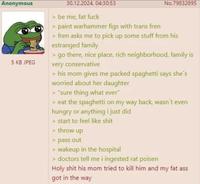 Anonymous 5 KB JPEG 30.12.2024, 04:30:53 > be me, fat f--- > paint warhammer figs with trans fren No.79832895 > fren asks me to pick up some stuff from his estranged family > go there, nice place, rich neighborhood, family is very conservative > his mom gives me packed spaghetti says she's worried about her daughter > "sure thing what ever" > eat the spaghetti on my way back, wasn't even hungry or anything i just did > start to feel like s--- > throw up > pass out > wakeup in the hospital > doctors tell me i ingested rat poisen H-------- his mom tried to kill him and my fat ass got in the way