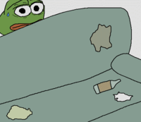 Pepe hiding behind couch scared