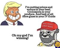 I'm putting prions and worms in your beef. Cyclospora in your produce. And best of all fibre glass in your IV fluids MAKE AMERICA GREAT AGAIN Oh my god I'm winning! FELL FOR AGAIN AWARD