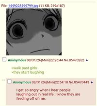 File: 1449223499799.jpg (11 KB, 219x187) Anonymous 08/31/26(Mon)22:26:44 No.85470262 >walk past girls >they start laughing Anonymous 08/31/26(Mon)22:54:18 No.85470443 I get so angry when I hear people laughing out in real life. I know they are feeding off of me.