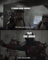 11 BRAIN DEAD JURORS We have you four to one THAT ONE JUROR I like those odds
