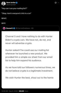 Benn Jordan @bennjordan "Hey can I use your mailing list?" "Okay. Here's everyone's info in a csv" WHAT. WHY. Channel 5 @Channel5iveNews - 19h Channel 5 and I have nothing to do with Hunter Biden's crypto coin. We have not, do not, and never will advertise crypto. Hunter asked if he could use our mailing list whenever he launched a new product. We provided him a simple csv sheet from our email list to help him expand his audience. As we have told our followers numerous times, we do not believe crypto is a legitimate investment. We wish Hunter the best, shout out to the homie 12:26 AM · Sep 8, 2026 596.9K Views 0