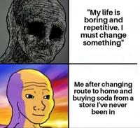 "My life is boring and repetitive. I must change something" Me after changing route to home and buying soda from a store I've never been in