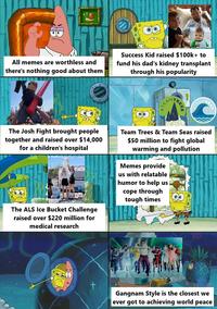 All memes are worthless and there's nothing good about them Success Kid raised $100k+ to fund his dad's kidney transplant through his popularity EAM TREES The Josh Fight brought people together and raised over $14,000 for a children's hospital D The ALS Ice Bucket Challenge raised over $220 million for medical research Team Trees & Team Seas raised $50 million to fight global warming and pollution Memes provide us with relatable humor to help us cope through tough times Gangnam Style is the closest we ever got to achieving world peace