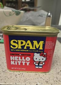 SPAM® 25% LESS SODIUM than SPAMⓇ classic LIMITED EDITION HELLO KITTY NET WT 12 OZ (340g) Ingredients: Pork ® Mechanically Separated Chicken, Water Salt Modifed Potato Starch, Sugar, Sodium Phosphates, Potassium Chloride, Sodium Nitrite U.S. INSPECTED AND PASS DEPARTMENT AGRICULTUR