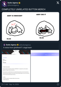 Socks Agency ✶ @SocksAgency COMPLETELY UNRELATED BUTTON MERCH ADDY IS INNOCENT 59.99 Yay! Socks Agency @SocksAgency A notice from @AdfreeVT 's legal team Nov 5, 2030 From kroll D.Law To EVERYONE. inc To whom it may conce Addison freebird executable has retained "LAWYERS INC." to represent her on this matter in regards to the tragic murder of Anita Citron We are Lawyers inc. believe the law is very important because there is a lot of money here. We definitively support being paid. We have taken this job to defend Addison in the court of stuf at this time need to state the facts of the case. 11 2) made up a law to represent are to throw the case 8:17 AM · Sep 14, 2026 ADDY DID IT Killer? 59.99 Lawyers inc canva 1-800-972-5462