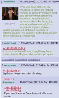 Anonymous 518 KB PNG 10/28/20(Wed)13:23:23 No.141352899 >Yes well done Slitherin, you managed to obtain the highest number of points by studying hard and being the best performing house and in a meritocratic system such as this wizarding school you have every right to earn the first place and me awarding points out of thin air would be an extreme abuse of my authority as the head master of this institution... HOWEVER Anonymous 10/28/20(Wed)13:24:43 No.141352946 >>141352899 (OP) # >...it turns out fame IS everything! Harry Potter house - I mean Hogwarts house wins yet again! >>141352969 # >>141353068 # >>141353121 # : Anonymous >>141352946 # 10/28/20(Wed)13:25:44 No.141352969 Gryffindor house* sorry I'm ultra high >>141353121 # Anonymous 10/28/20(Wed)13:30:43 No.141353121 >>141352946 # >>141352969 # If you read these as Dumbledore it sill makes sense.
