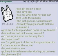 Anonymous 10/26/14(Sun)23:45:49 No.29298147 >ask girl out on a date >she says yes >ask her what time her dad can drive us to the movies >she just gives me a blank stare 153 KB JPG >ok well you guys should pick me up around 7 >give her fist bump and run home in excitement >her and her dad pick me up around 7 >no one says a word on the way there >he drops us off >as I'm getting out of the car I stop and ask him for the money for the movie >he just stares at me >politely inform him movies don't grow on trees >he gives me $30