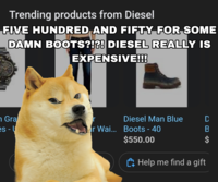 Trending products from Diesel FIVE HUNDRED AND FIFTY FOR SOME DAMN BOOTS?!?! DIESEL REALLY IS EXPENSIVE!!! n Gra es - U Diesel Man Blue r Wai... Boots - 40 $550.00 DBS $ Help me find a gift