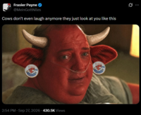 Frasier Payne ❤ @MeinGottNiles Cows don't even laugh anymore they just look at you like this 2:54 PM · Sep 27, 2026 430.5K Views
