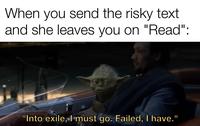 When you send the risky text and she leaves you on "Read": "Into exile, I must go. Failed, I have."