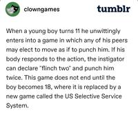 clowngames tumblr When a young boy turns 11 he unwittingly enters into a game in which any of his peers may elect to move as if to punch him. If his body responds to the action, the instigator can declare "flinch two" and punch him twice. This game does not end until the boy becomes 18, where it is replaced by a new game called the US Selective Service System.