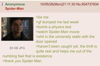 : Anonymous Spider-Man 80 KB JPG 10/05/26(Mon)21:11:30 No.954737934 >be me >gf dumped me last week >bomb a physics test >watch Spider-Man movie >s--- in the university stalls with the door opened >haven't been caught yet, the thrill is quite real and helps me out of the numbing feel that is existence >thank you Spider-Man