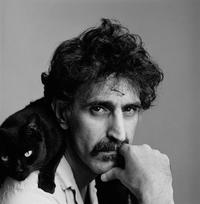 Frank Zappa posing with his black cat, Marshmoff