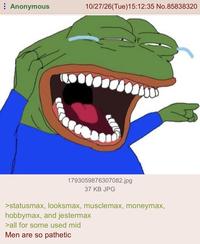 Anonymous 10/27/26(Tue)15:12:35 No.85838320 1793059876307082.jpg 37 KB JPG >statusmax, looksmax, musclemax, moneymax, hobbymax, and jestermax >all for some used mid Men are so pathetic