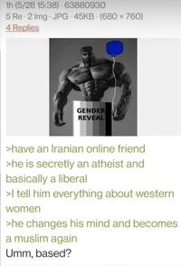 1h (5/28 15:38). 63880930 5 Re 2 Img JPG 45KB (680 × 760) 4 Replies GENDER REVEAL >have an Iranian online friend >he is secretly an atheist and basically a liberal >I tell him everything about western women >he changes his mind and becomes a muslim again Umm, based?