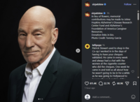 sirpatstew sirpatstew 1h Follow ... In lieu of flowers, memorial contributions may be made to Johns Hopkins Alzheimer's Disease Research Center Fund and Alzheimer's Foundation of America Caregiver Resources. Donation links in bio. Photo Credit: Tommy Garcia lellipopz 1h Patrick Stewart used to shop in the Co-op I worked in in the days of having to have your cheques validated. He came in every week and always had a chat with the women at the c-------- counter who did the cheques. One week he came in and told us all about how he wasn't going to be in for a while as he was going to Hollywood to 611.4K 22.7K 68.9K 1 hour ago Add a comment...