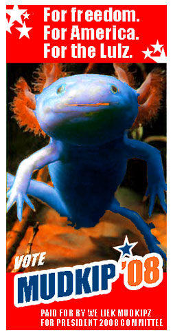 For freedom For America For the Lulz. HOTE MUDKIP08 PAID FOR BY WE LIEK HUOKIP FOR PRESIDENT 2008 001 MITTEE