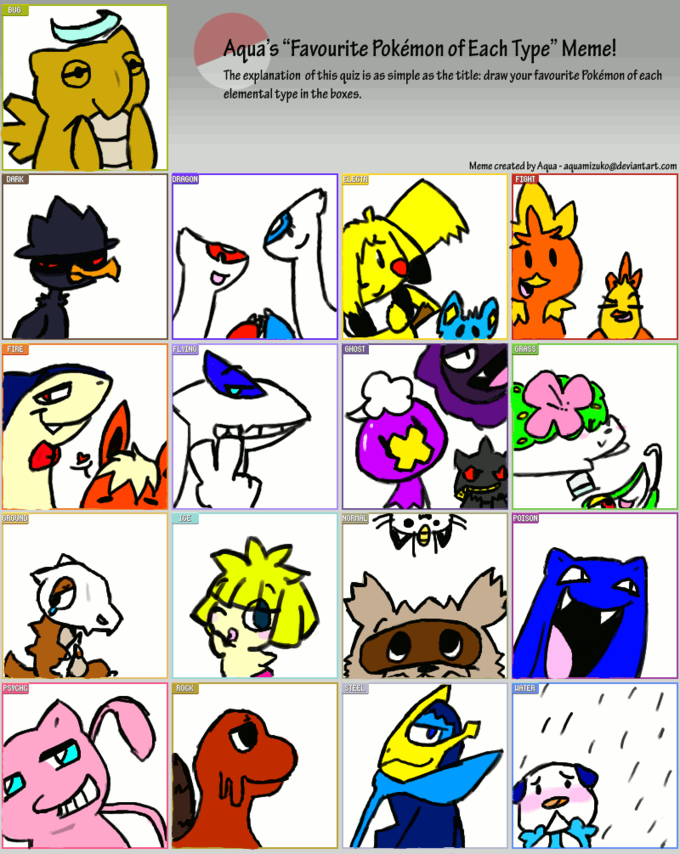 BUG Aqua's "Favourite Pokémon of Each Type" Meme! The explanation of this quiz is as simple as the title: draw your favourite Pokémon of each elemental type in the boxes. Meme created by Aqua-aquamizuko@deviantart.com DARK DRAGON FIGHT FIRE FLVING GHOST GRASS NORHAL POISON PSWCH ROCK HATER