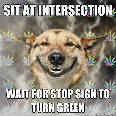 SIT AT INTERSECTION WAIT FORSTOP SIGN TO TURN GREEN